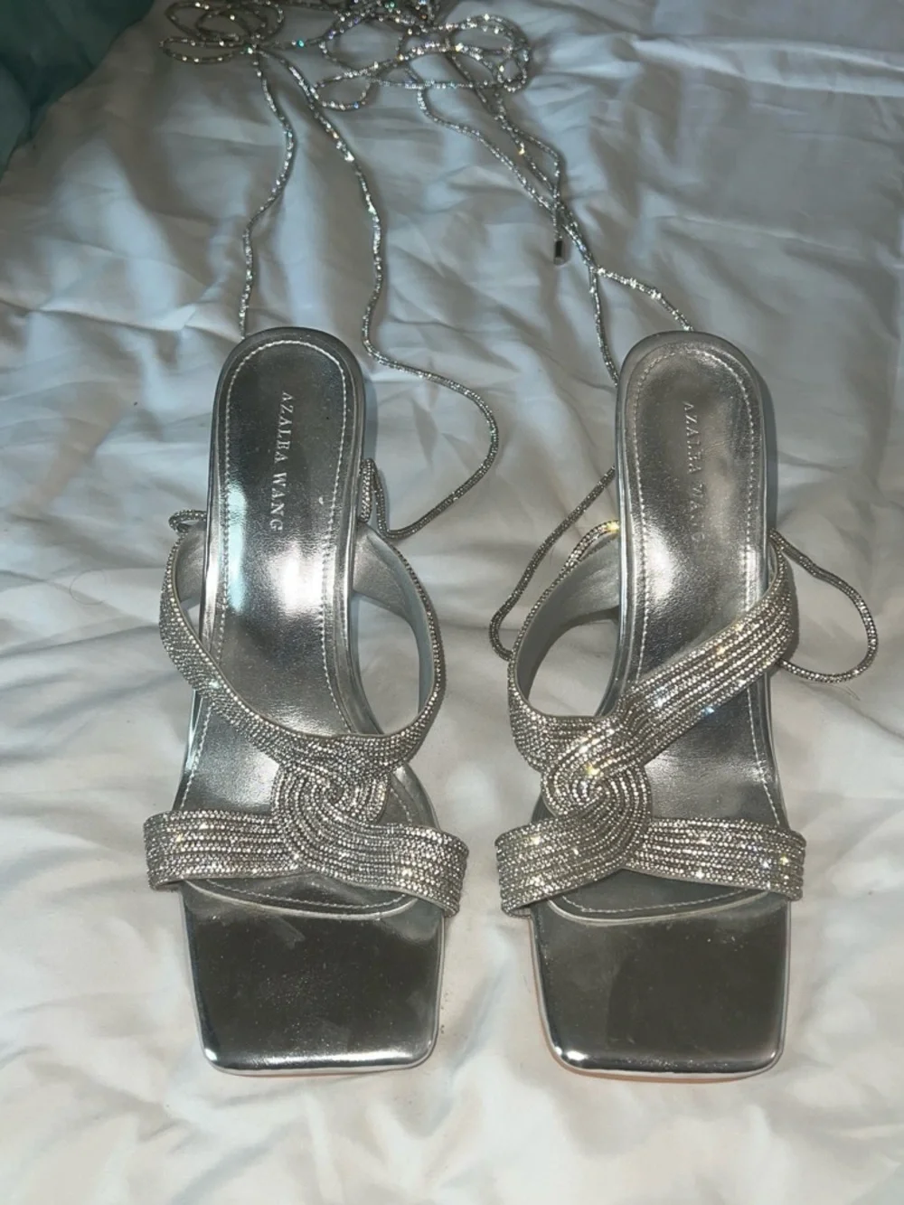 Azalea Wang Silver Rhinestone Lace-Up Heeles